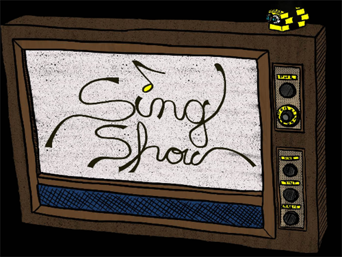 Old, brown, TV with the words: Sing Show written in cursive.